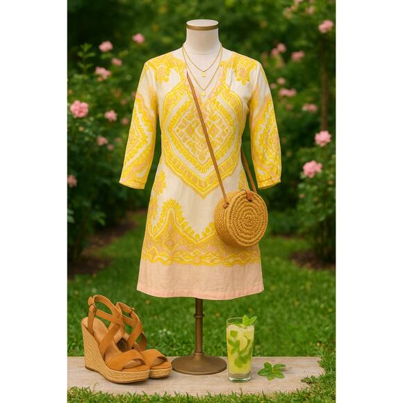 J.Crew Dresses & Skirts - J.Crew Linen Boho Tunic Dress Women’s Size 2 Pink Yellow Ivory 3/4 Sleeve Lined